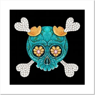 Cute skull and crossbones set with diamond pink sapphire rose gold and turquoise. Posters and Art